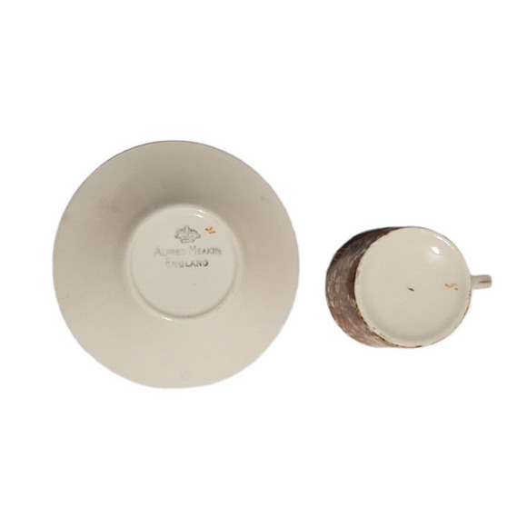 Vintage Alfred Meakin Demitasse Cup & Saucer Set Paisley Gold Trim Orange White - Picture 4 of 5